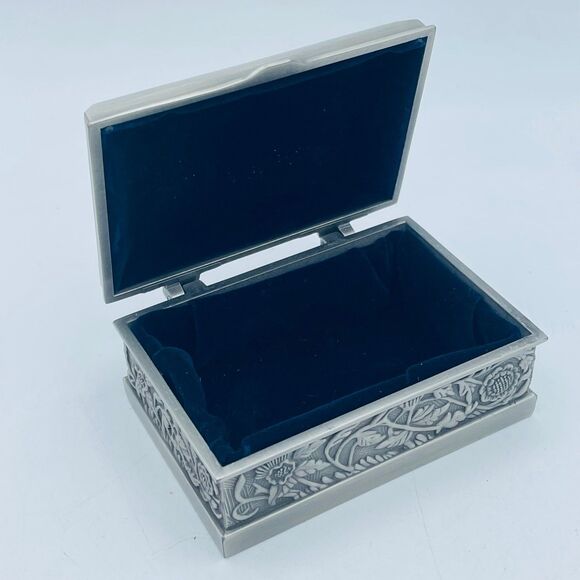Small Floral Rectangular Pewter Silver Lined Trinket Jewelry Box Hinged Lid - Picture 3 of 10